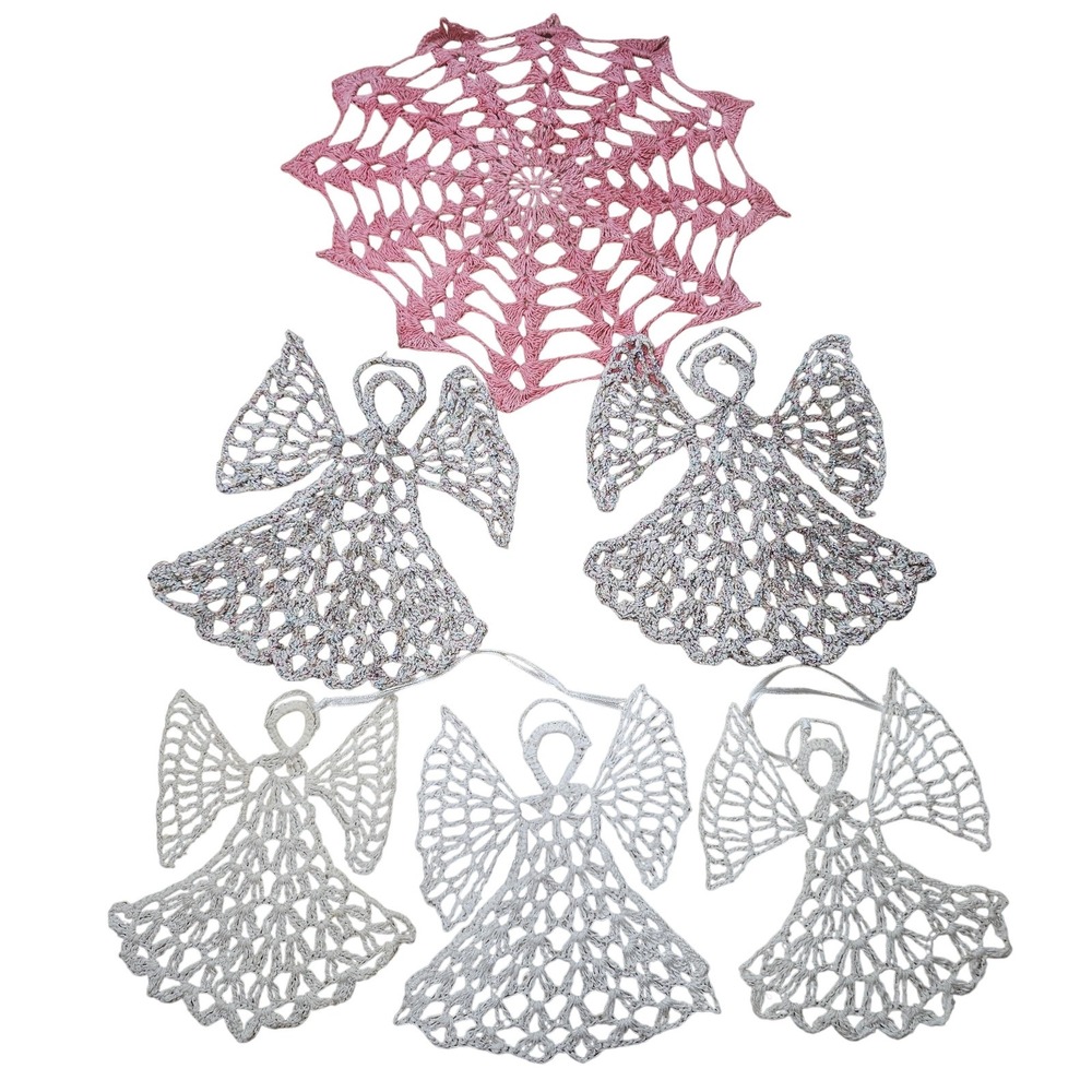 Handmade Crochet Lace Angel Ornaments &‎ Pink Doily Set Holiday Decor Lot of 6